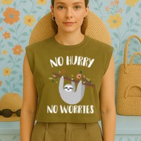 No Hurry No Worries Lazy Sloth Garment-Dyed Women's Muscle Tee