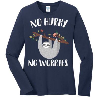 No Hurry No Worries Lazy Sloth Ladies Long Sleeve Shirt