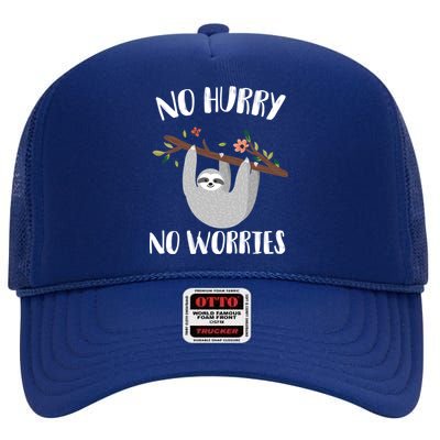 No Hurry No Worries Lazy Sloth High Crown Mesh Back Trucker Hat