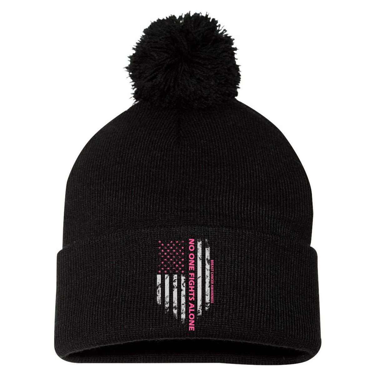 No One Fight Alone Breast Cancer Awareness Flag Pom Pom 12in Knit Beanie
