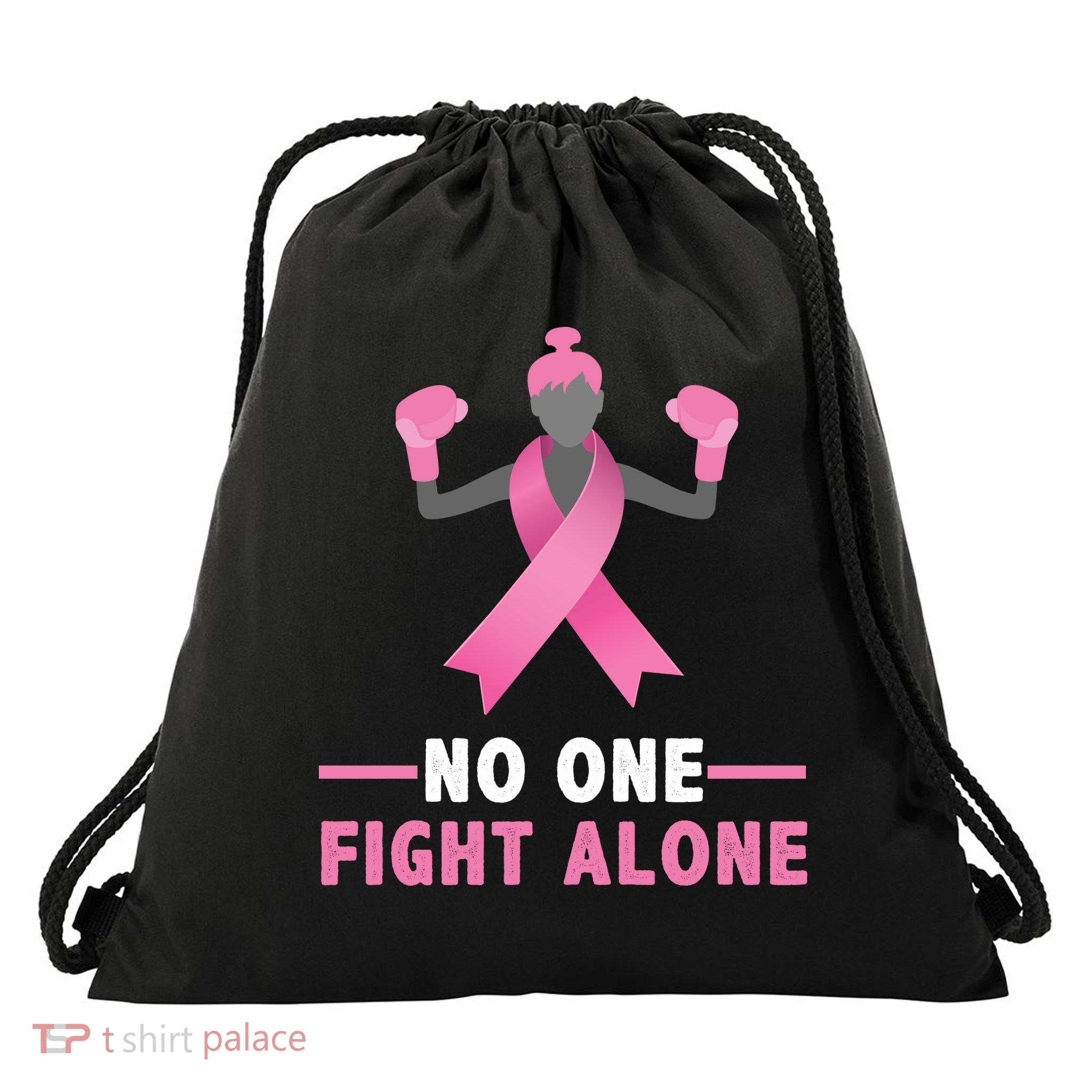 No One Fights  Alone Breast Cancer Drawstring Bag