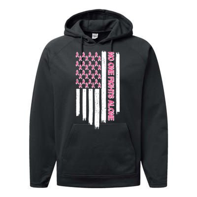 No One Fights Alone Breast Cancer Awareness American Pink Ribbons Flag Performance Fleece Hoodie