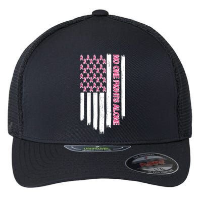 No One Fights Alone Breast Cancer Awareness American Pink Ribbons Flag Flexfit Unipanel Trucker Cap