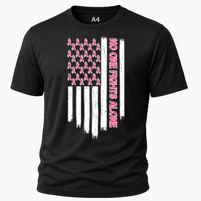 No One Fights Alone Breast Cancer Awareness American Pink Ribbons Flag Cooling Performance Crew T-Shirt