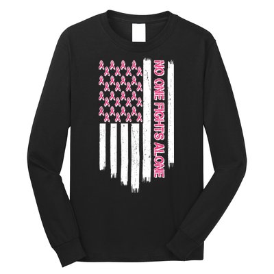 No One Fights Alone Breast Cancer Awareness American Pink Ribbons Flag Long Sleeve Shirt