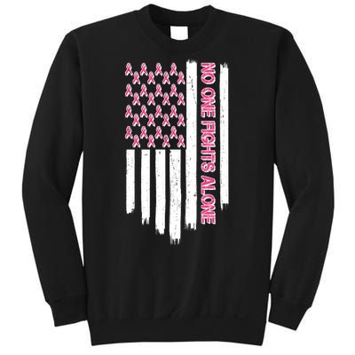 No One Fights Alone Breast Cancer Awareness American Pink Ribbons Flag Sweatshirt