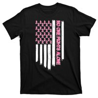 No One Fights Alone Breast Cancer Awareness American Pink Ribbons Flag T-Shirt