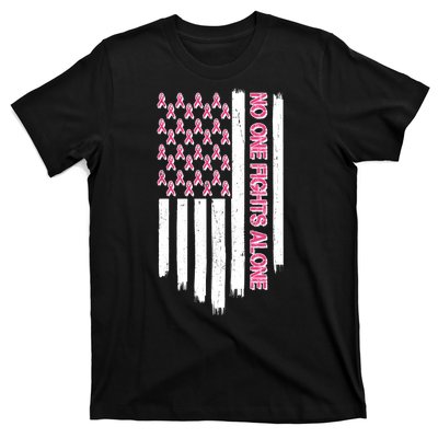 No One Fights Alone Breast Cancer Awareness American Pink Ribbons Flag T-Shirt