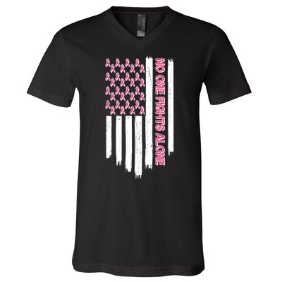 No One Fights Alone Breast Cancer Awareness American Pink Ribbons Flag V-Neck T-Shirt