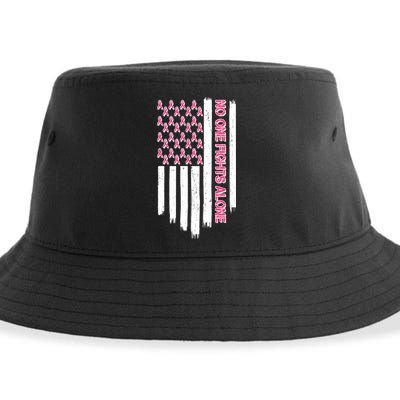 No One Fights Alone Breast Cancer Awareness American Pink Ribbons Flag Sustainable Bucket Hat