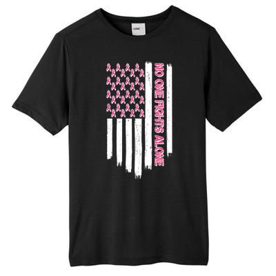 No One Fights Alone Breast Cancer Awareness American Pink Ribbons Flag Tall Fusion ChromaSoft Performance T-Shirt