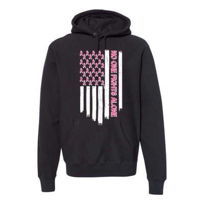 No One Fights Alone Breast Cancer Awareness American Pink Ribbons Flag Premium Hoodie