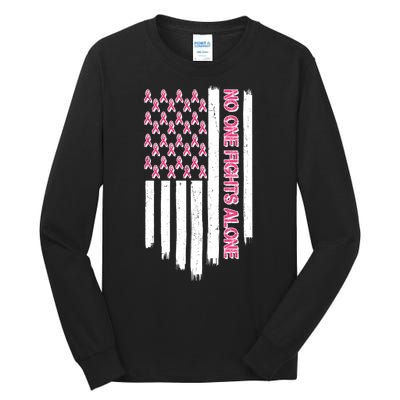 No One Fights Alone Breast Cancer Awareness American Pink Ribbons Flag Tall Long Sleeve T-Shirt