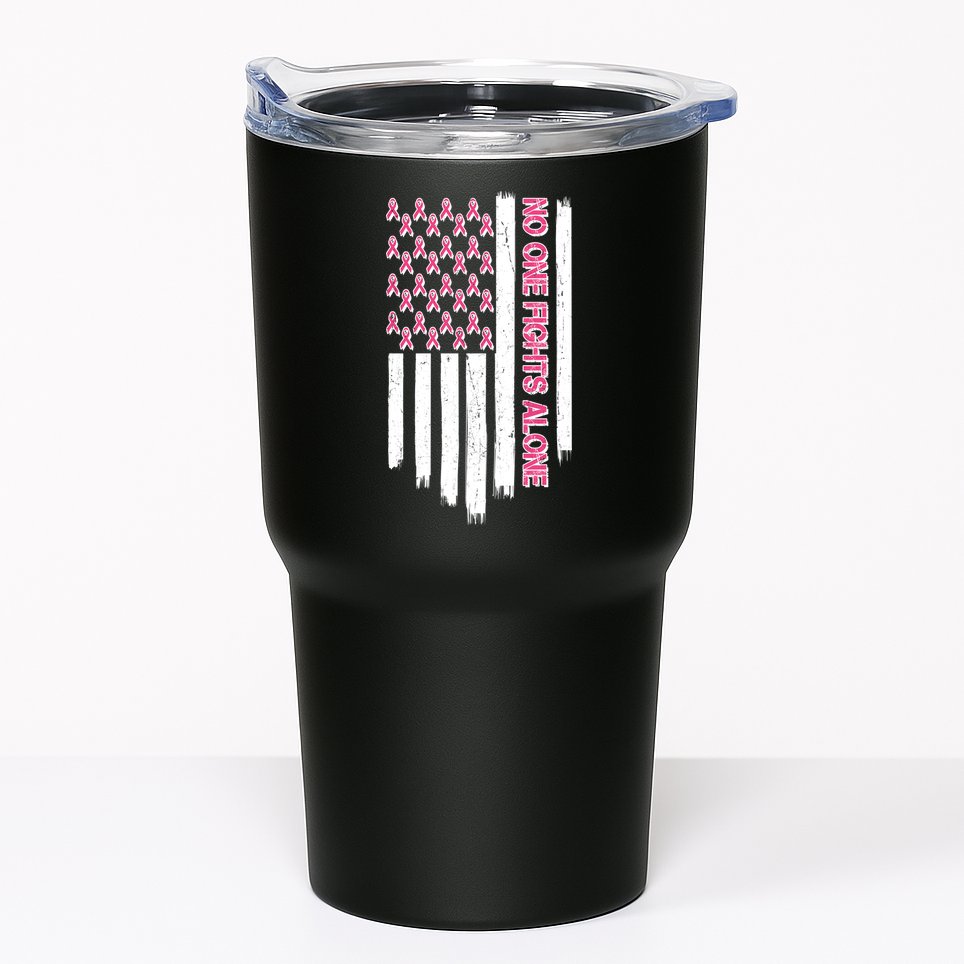 No One Fights Alone Breast Cancer Awareness American Pink Ribbons Flag Tumbler