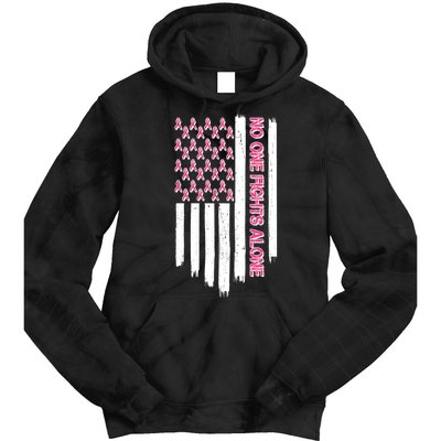 No One Fights Alone Breast Cancer Awareness American Pink Ribbons Flag Tie Dye Hoodie