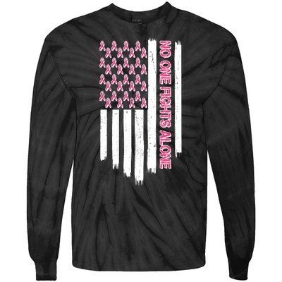 No One Fights Alone Breast Cancer Awareness American Pink Ribbons Flag Tie-Dye Long Sleeve Shirt