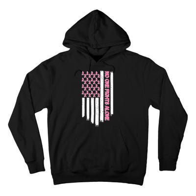 No One Fights Alone Breast Cancer Awareness American Pink Ribbons Flag Tall Hoodie