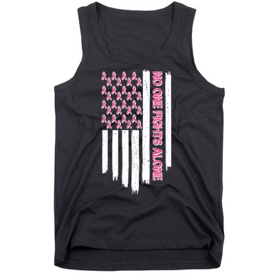 No One Fights Alone Breast Cancer Awareness American Pink Ribbons Flag Tank Top