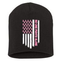 No One Fights Alone Breast Cancer Awareness American Pink Ribbons Flag Short Acrylic Beanie