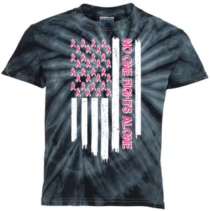 No One Fights Alone Breast Cancer Awareness American Pink Ribbons Flag Kids Tie-Dye T-Shirt