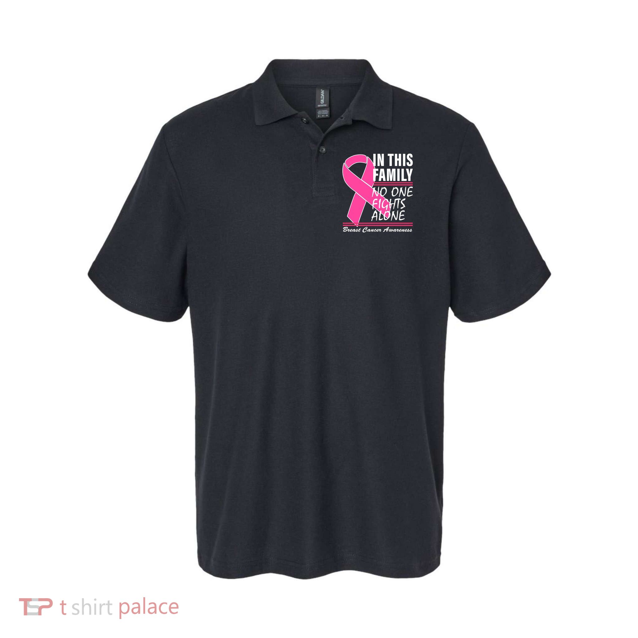 No One Fights Alone Breast Cancer Awareness Ribbon Polo