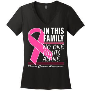 No One Fights Alone Breast Cancer Awareness Ribbon Women's V-Neck T-Shirt