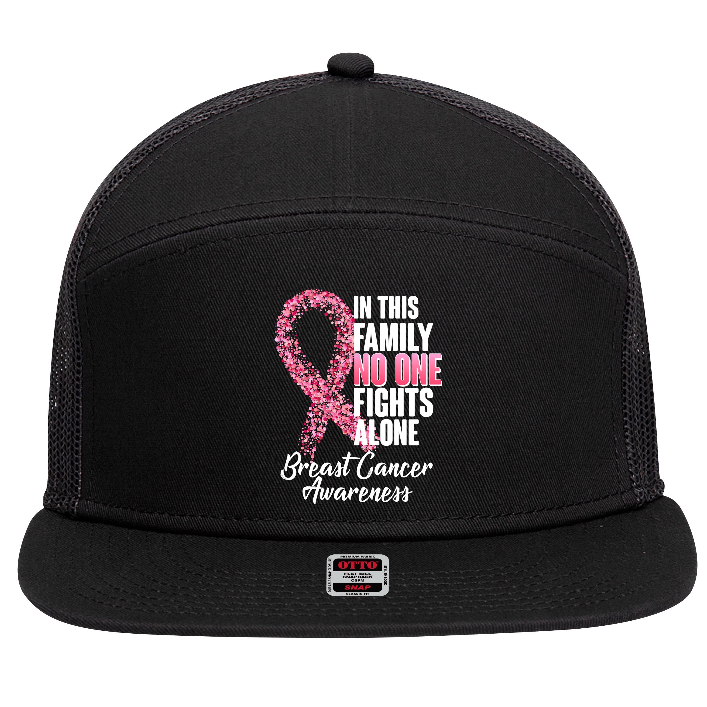 No One Fights Alone Breast Cancer Ribbon 7 Panel Mesh Trucker Snapback Hat