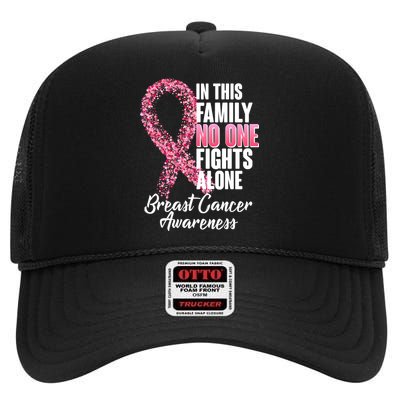 No One Fights Alone Breast Cancer Ribbon High Crown Mesh Back Trucker Hat