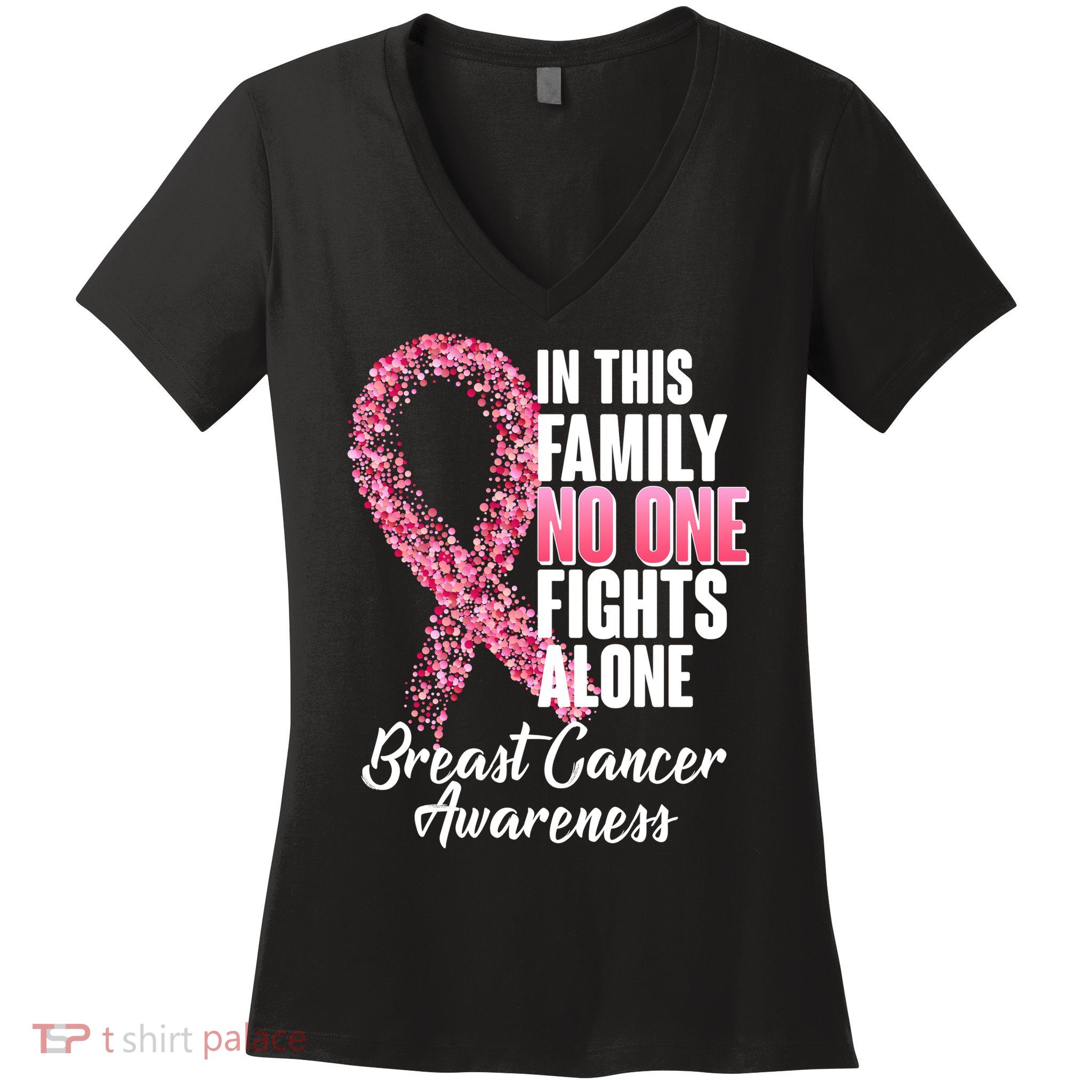 No One Fights Alone Breast Cancer Ribbon Women's V-Neck T-Shirt