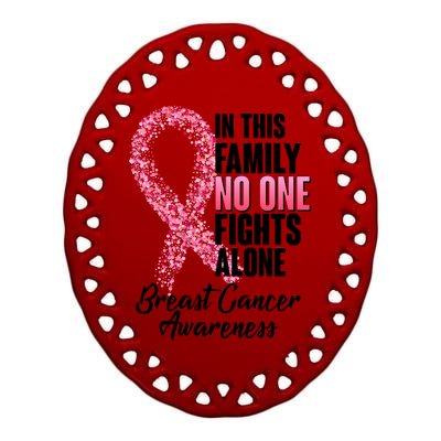 No One Fights Alone Breast Cancer Ribbon Ceramic Oval Ornament