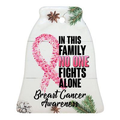 No One Fights Alone Breast Cancer Ribbon Ceramic Bell Ornament