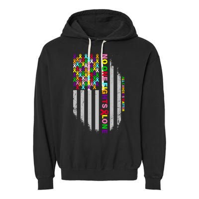 No One Fights Alone Cancer Awareness Ribbon Flag Garment-Dyed Fleece Hoodie