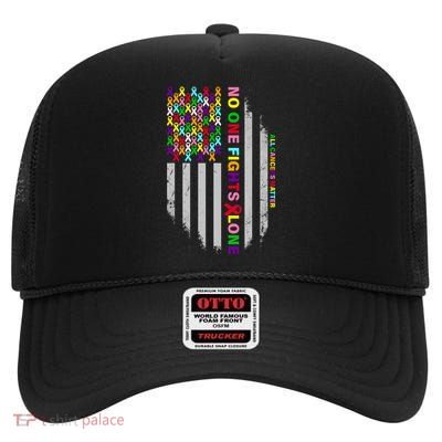 No One Fights Alone Cancer Awareness Ribbon Flag High Crown Mesh Back Trucker Hat