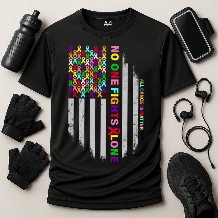 No One Fights Alone Cancer Awareness Ribbon Flag Cooling Performance Crew T-Shirt