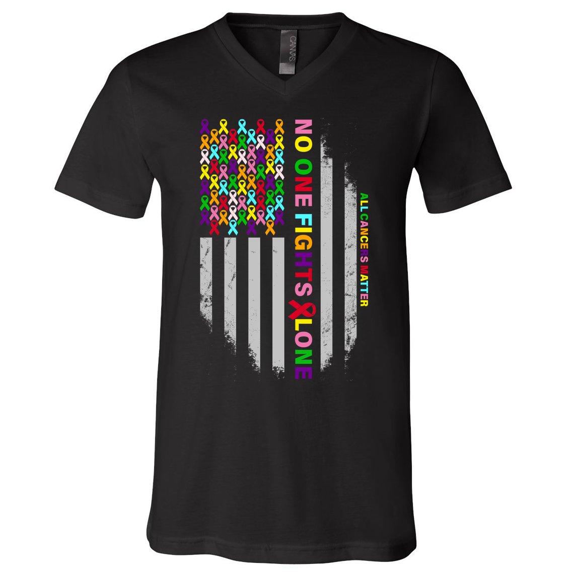 No One Fights Alone Cancer Awareness Ribbon Flag V-Neck T-Shirt