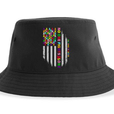 No One Fights Alone Cancer Awareness Ribbon Flag Sustainable Bucket Hat