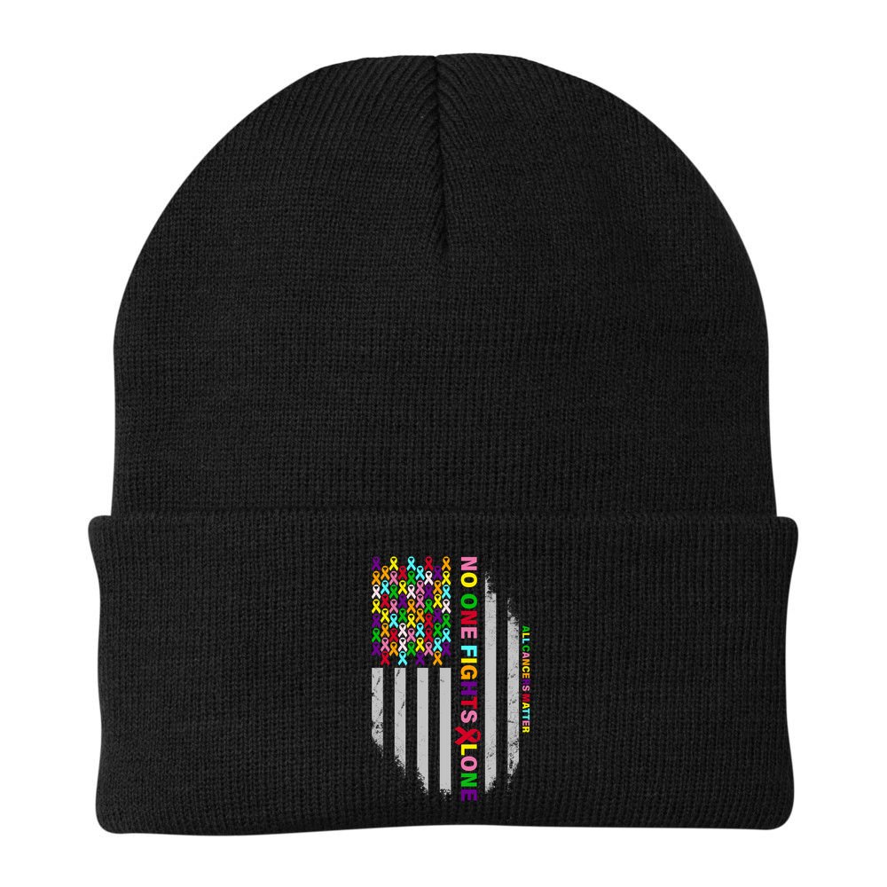 No One Fights Alone Cancer Awareness Ribbon Flag Beanie