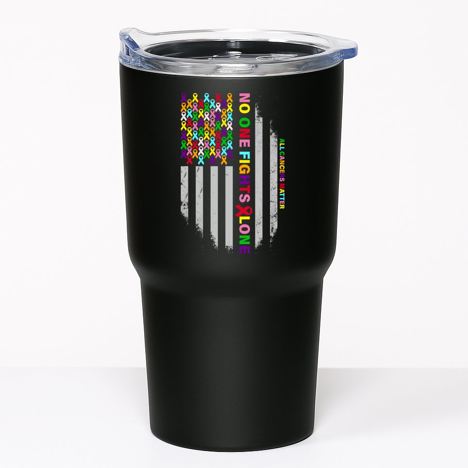 No One Fights Alone Cancer Awareness Ribbon Flag Tumbler