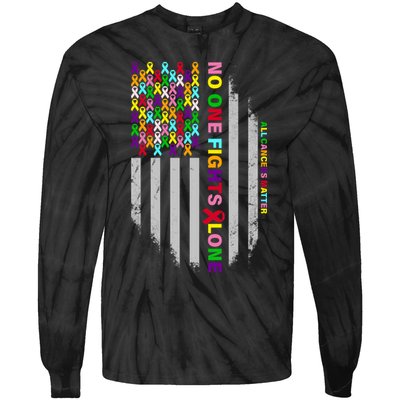 No One Fights Alone Cancer Awareness Ribbon Flag Tie-Dye Long Sleeve Shirt