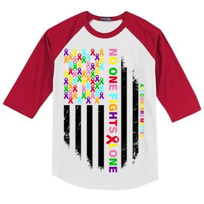 No One Fights Alone Cancer Awareness Ribbon Flag Kids Colorblock Raglan Jersey