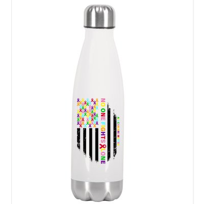 No One Fights Alone Cancer Awareness Ribbon Flag Stainless Steel Insulated Water Bottle