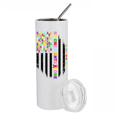 No One Fights Alone Cancer Awareness Ribbon Flag Stainless Steel Tumbler