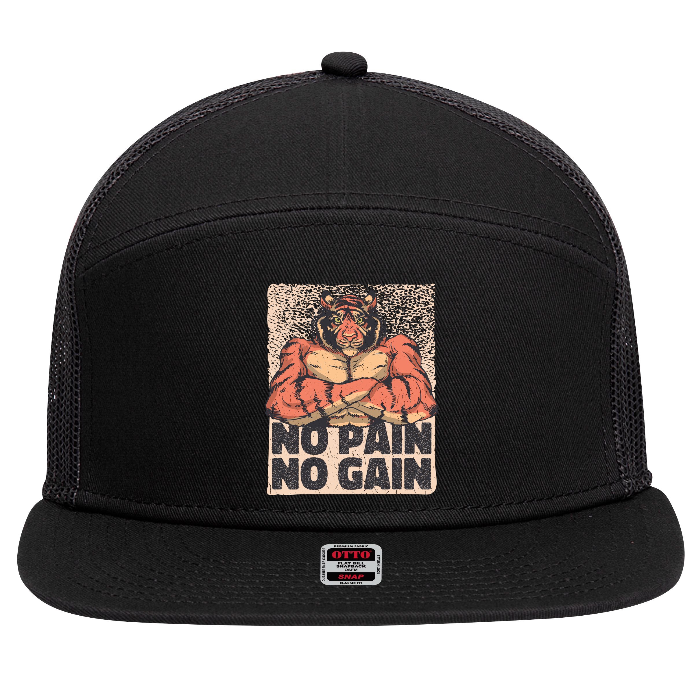 No Pain No Gain Strong Tiger 7 Panel Mesh Trucker Snapback Hat
