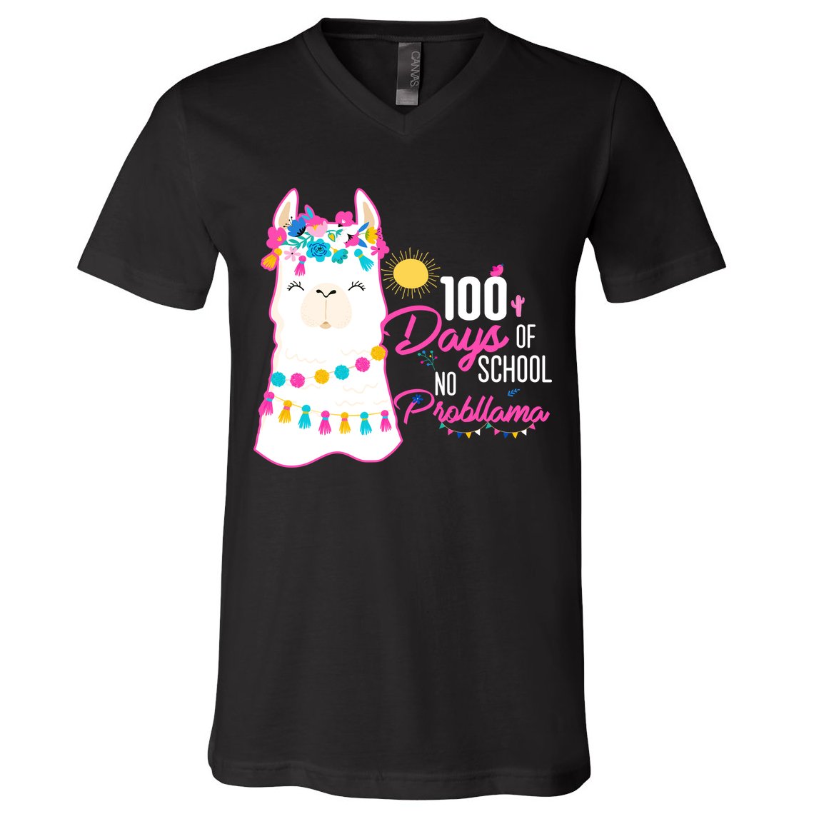 No Probllama 100 Days Of School V-Neck T-Shirt