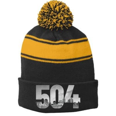 New Orleans 504 Area Code Skyline Louisiana Vintage Stripe Pom Pom Beanie