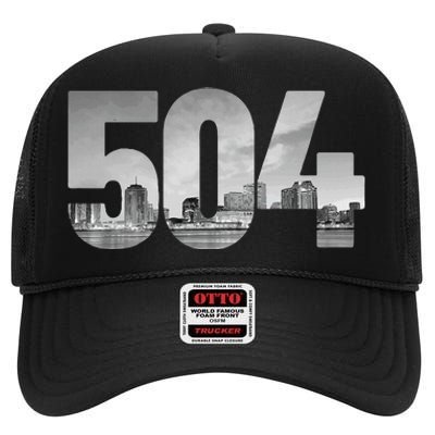 New Orleans 504 Area Code Skyline Louisiana Vintage High Crown Mesh Back Trucker Hat