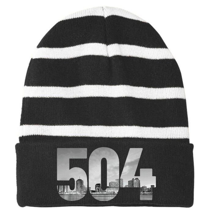 New Orleans 504 Area Code Skyline Louisiana Vintage Striped Beanie with Solid Band