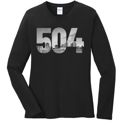 New Orleans 504 Area Code Skyline Louisiana Vintage Ladies Long Sleeve Shirt