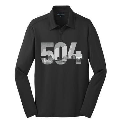 New Orleans 504 Area Code Skyline Louisiana Vintage Silk Touch Performance Long Sleeve Polo