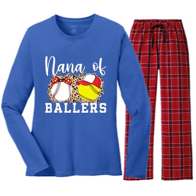 Nana Of Ballers Leopard Softball Baseball Nana Grandma Gift Women's Long Sleeve Flannel Pajama Set 